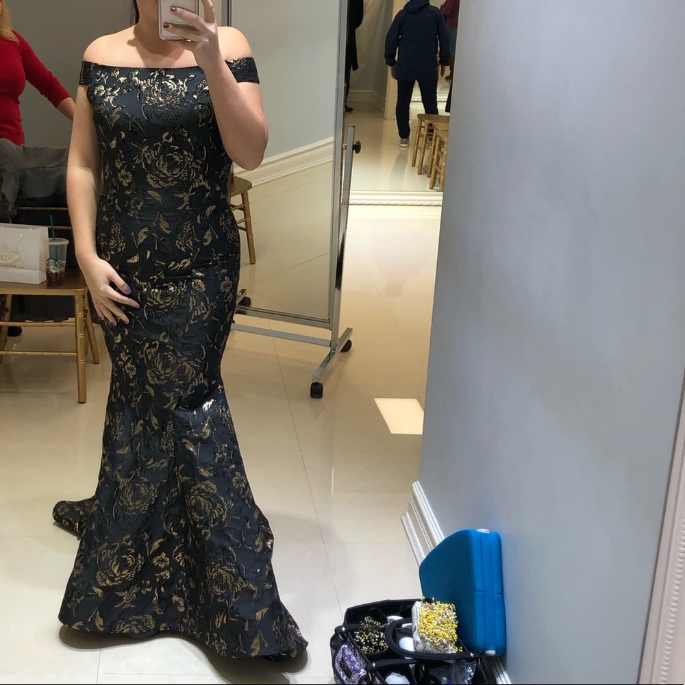 Jovani off the shoulder embroidery gold gown